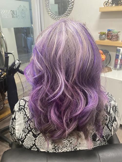 Hair Extensions photo, Denver Colorado. Back shot of fun silver with purple.